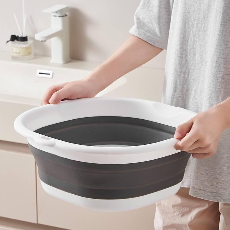 Generic Collapsible Silicone Wash Basin, Round, Grey and White, 4 Litre, Multi-Purpose for Washing, Cleaning, and Storage, .hg Bucket