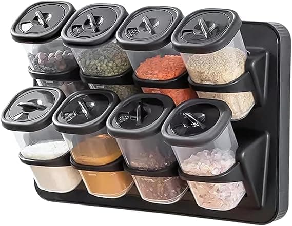 Wall Mounted Spice Rack Set of 8 – Plastic Kitchen Spice Rack with Countertop Holder, Adhesive Mounting Option, 360° Rotatable Lids