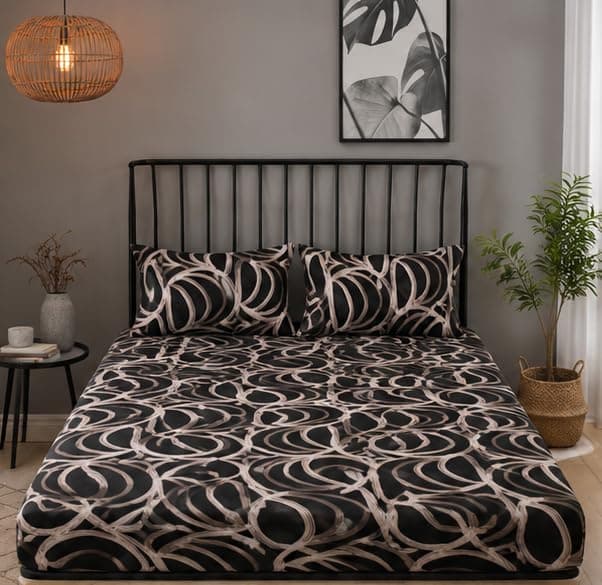 QBED Cotton Printed Fitted Bed Sheet with 2 Pillowcase, Full Elasticized, Soft and Comfortable, Multiple Models and Sizes (B3, 180 * 200 * 30cm) Bed linen set