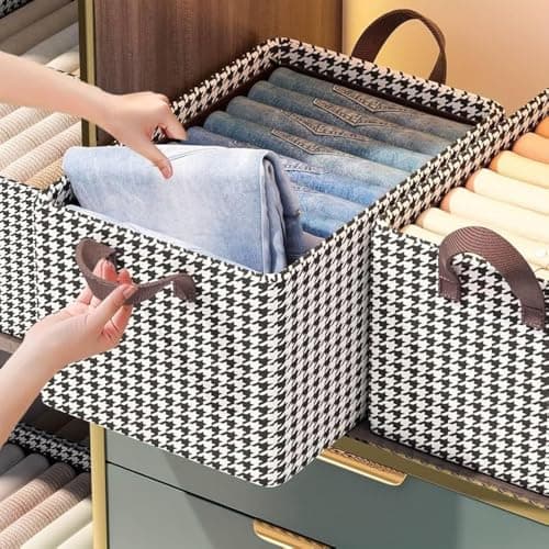 OTIPORTER Closet Clothes Organizer with Handle, Fabric Storage Box with Steel Frame Stackable Shelf Storage Baskets Foldable Wardrobe Storage Box for Clothes Jeans Sarees Toys 40Ã—27Ã—21CM (PACK OF 1) Item container