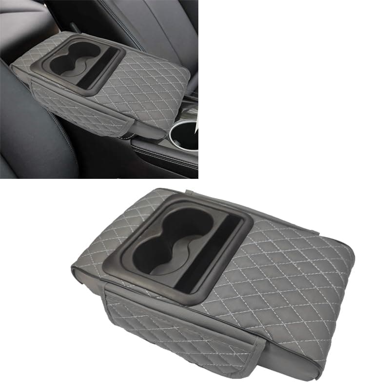 KaberMisr 2020 Padded Armrest with Built-in Cup Holders, Multicolor Storage Bag, Small Organizer for Hands-Free Driving and Comfort (Grey, Code:9648)