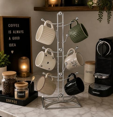 [Bedaya] Modern Metal Cup Holder with 6 Branches - Stainless Steel Kitchen Niche Mug Organizer, Stable Rectangle Base Space Saver, Modern Coffee Tea Cup Hanging Tree - Silver Storage rack