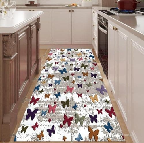 Generic Decorative Butterfly Runner Rug, Digital Print Velvet, White and Multicolour, Machine Washable, 95cm x 3m, .flo