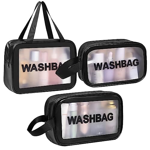 WLLHYF Clear Toiletry Bag 3 Pcs Travel Cosmetic Bags Zipper Makeup Handle Portable Luggage Pouch Multipurpose Transparent Waterproof Pouch for Women Men Traveling, Black, Fashion Cosmetic case