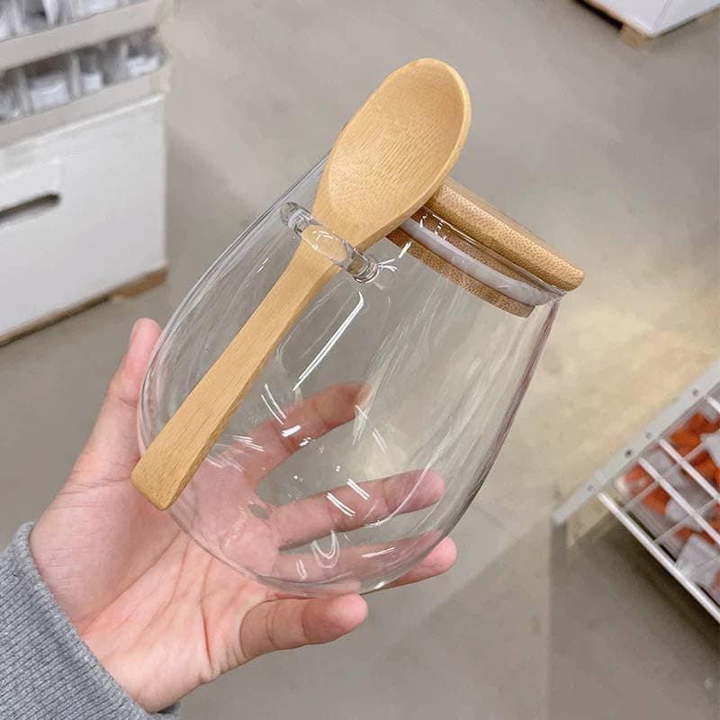Generic Glass Storage Jar with Bamboo Lid and Wooden Spoon, 900ml, for Tea, Coffee and Legumes, .sa Food storage container