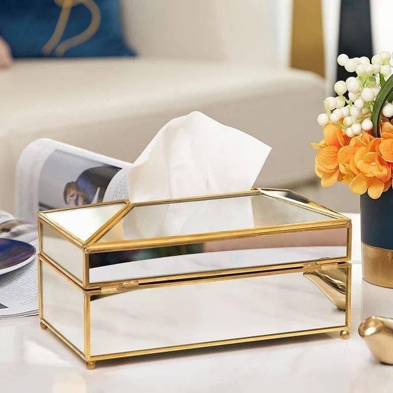 Generic Glass Tissue Box with Gold Metal Frame, Clear Glass, Decorative Rectangular Holder, .sew Facial tissue holder