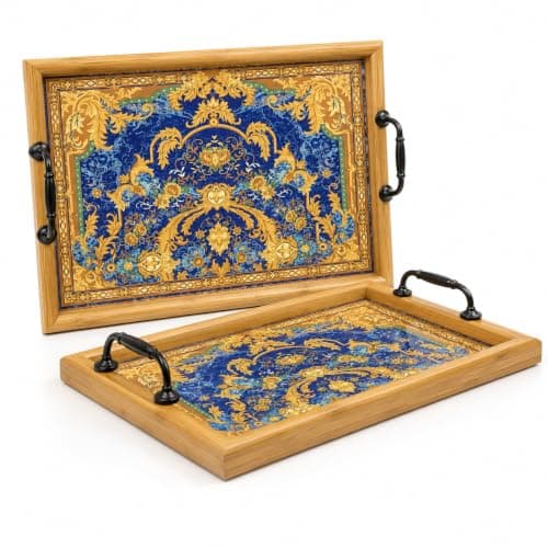 Decorative Wooden Serving Tray Set of 2 with Metal Handles – Serving Tray for Drinks, Desserts, Fruits – Elegant Decorative Trays for Coffee Table, Dining Table, Hospitality, 1