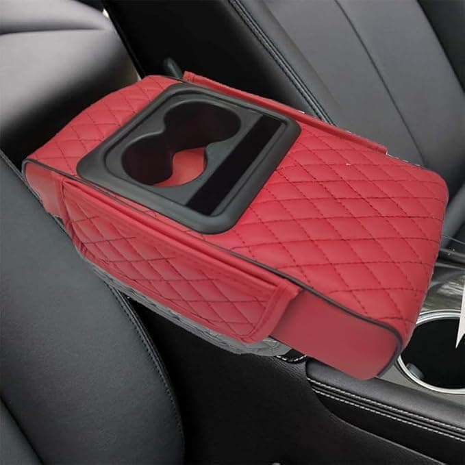 SACAR Multifunctional Car Armrest Compact Design with Lift Pad Cup Holder Phone Slot Side Pockets (red)