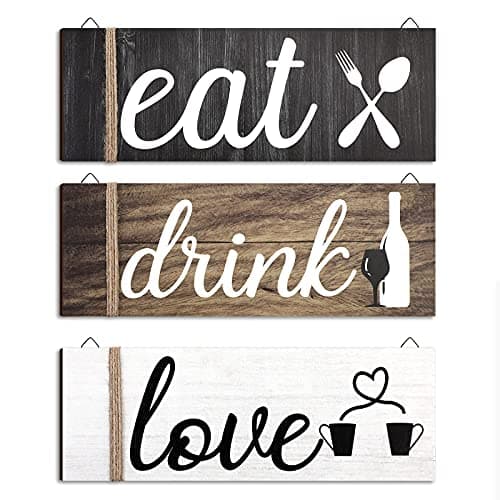 Jetec 3 Pcs Farmhouse Kitchen Wall Decor - Rustic Wooden Eat Sign, Home and Drink Love Sign With Hanging Hole for Dining, Living Room, Bar, Cafe (Classic Color) Decorative signage