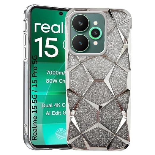 Case Gradient Glitter Luxury (Compatible with Realme 15 Pro) Electroplated 3D Cube, Diamond Bling Shiny Soft TPU Clear Shockproof Women Girls Protective Phone Cover (Silver) Cellular phone case