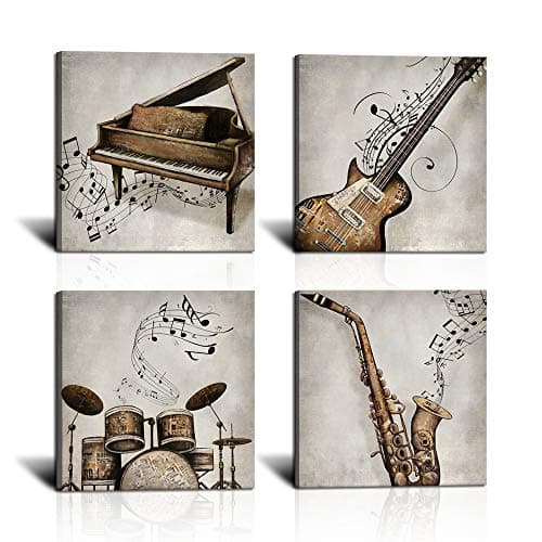 KLVOS 4 Panel Music Wall Art Guitar Piano Saxophone and Drum Set Canvas Prints Vintage Artwork Gift for Music Lover Fashion Music Room Wall Decor Modern Home decor Ready to Hang 12x12inchx4pcs