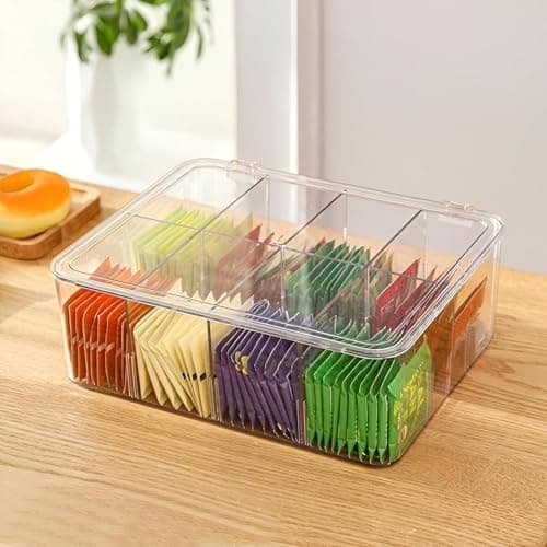 Acrylic Organizer Box with 6 Compartments for Tea Bags Coffee Pods Spices and Accessories Clear Storage Container with Lid Measures 22 x 17 x 10 cm