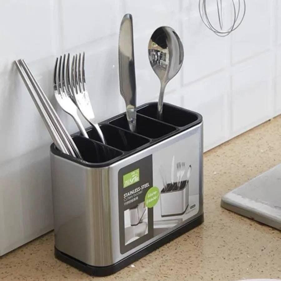 Generic Stainless Steel Cutlery Holder with 4 Compartments, Rust-Resistant, Draining Base, 18x8.7x13cm, .sew Item container