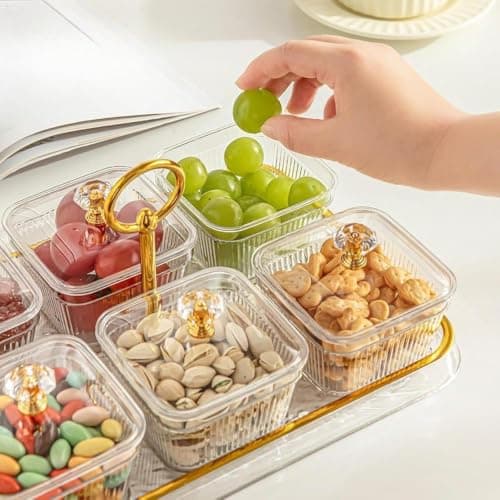 Generic snack tray, Clear acrylic and gold tray, Divided into 6 compartments, Each section is a separate container, Versatile use, Metal handle, .bak