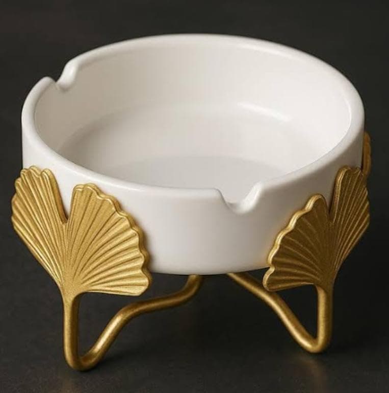 Generic Ashtray with Gold Metal Ginkgo Leaf Holder Stand, White and Gold, Decorative Style, .kI