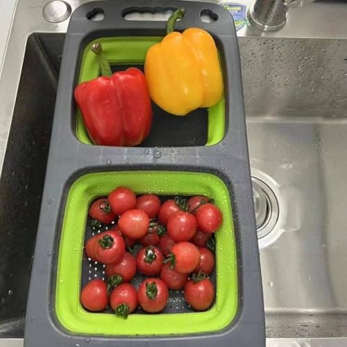 Generic Over the Sink Strainer with 2 Compartments, Collapsible Silicone, for Washing Vegetables, Fruits and Dishes, Fits Any Size Sink, .flo