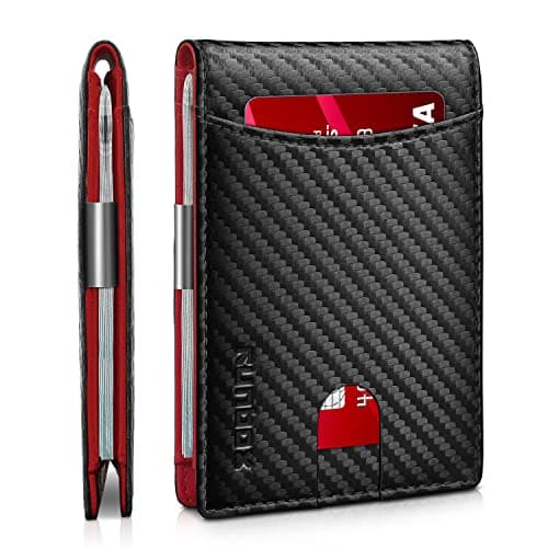 RUNBOX Slim Money Clip Wallets for Men RFID Blocking 11 Card Holder Minimalist Small Leather Bifold Men's Front Pocket Wallet Gift Box, Carbon Black n Red, M, Minimalist