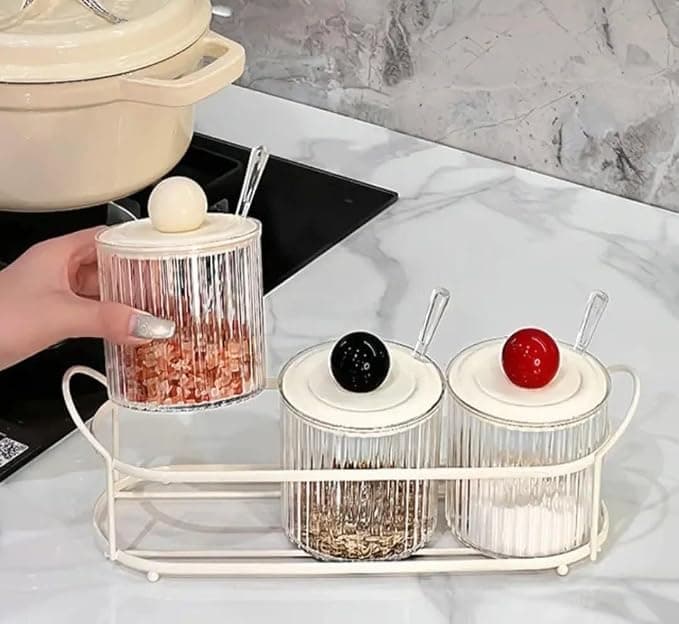 Generic Acrylic Spice Jar Set of 3, Clear Ribbed Condiment Containers with Lids, Spoons, and Metal Stand, .smk Food storage container