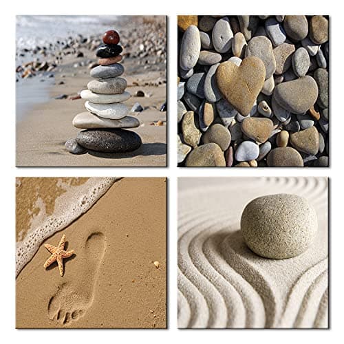 Wieco Art (12x12inchx4pcs) - Wieco Art Romantic Beach Theme 4 Panels Modern Giclee Artwork Sea Ocean Canvas Prints Contemporary Abstract Seascape Pictures to Photo Paintings on Wall for Ho.