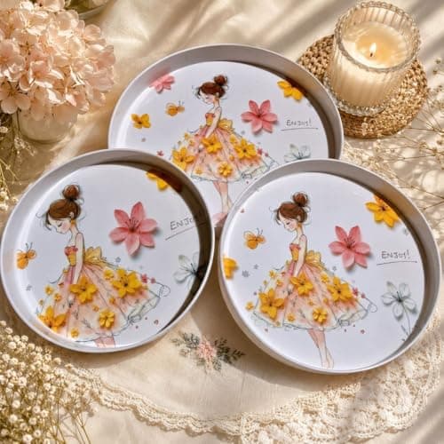 Generica Melamine Round Serving Tray Set, Floral Girl Print, Lightweight, 3 Sizes, for Serving and Entertaining, .Ais