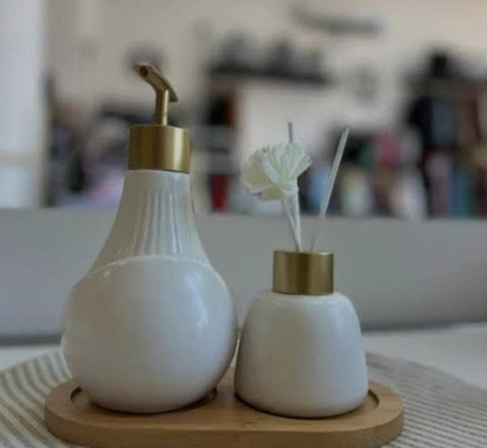 Generic Bathroom Accessory Set with Wooden Base, White & Gold, .bar Bathroom container set