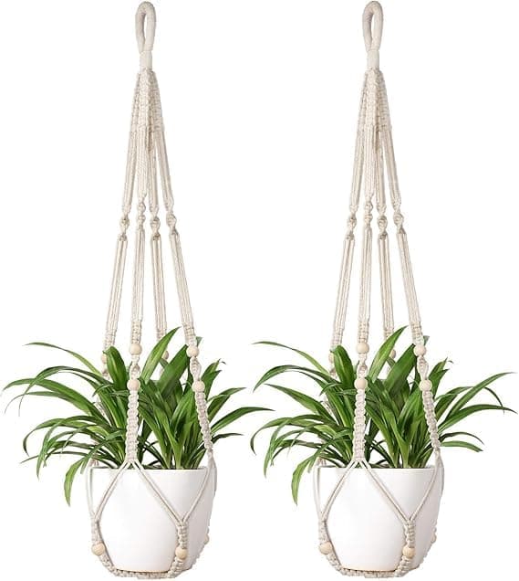 Macrame Plant Hanger, Boho Style, Cotton Rope with Wooden Beads, Indoor Hanging Planter, Set of 2