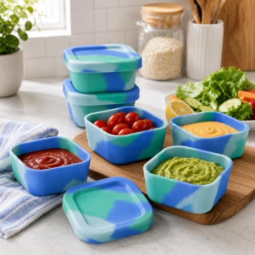 Set of 4 Silicone Condiment Containers with Lids Food Grade Leak Proof Reusable Storage Cups 100 ml Stackable Freezer Dishwasher Safe for Lunch Box, Snacks, Sauce, Dressing and Kitchen Use (Aqua Blue)