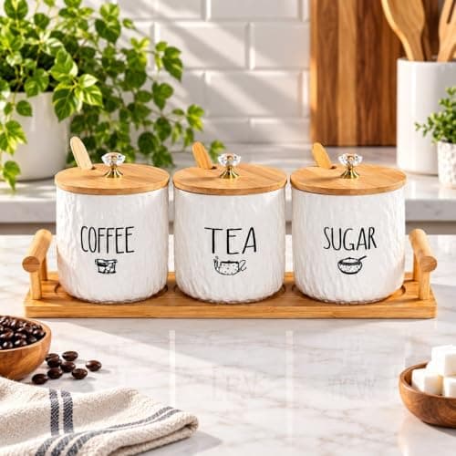 Generic Elegant 3-piece jar set with wooden lids, 3 jars for storing tea, sugar, and coffee, Durable, easy-to-clean porcelain material, Airtight wooden lids to preserve contents, .Ais