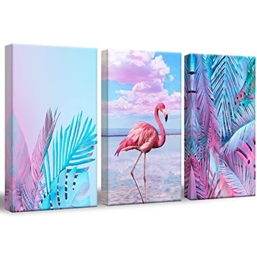 CERLMLAND Flamingo Canvas Wall Art for Living Room Bedroom, 3 Panel Pink Canvas Wall Paintings, Artwork for Office Room Decor Bedroom Dining Room Wall Deco Picture Each 12x16 inch.