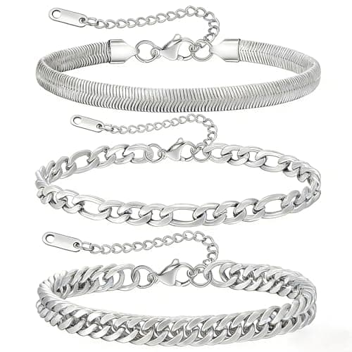 JEMARA 3 Pcs Stainless Steel Mens Chain Bracelet, Sturdy Curb Width Silver Rope/Snake/Figaro/Cuban Chain Bracelet Set Adjustable Stack Silver Chain Bracelet for Men 7/7.8+2 Inches
