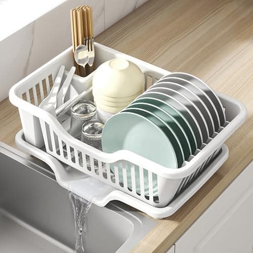 Noamus Plastic Dish Drying Rack, 2-Piece Small RV Dish Drainer & Tray | 17" L x 10" W Heavy Duty Sink Set Dish Rack with Drainboard & Cutlery Cup Holder for Kitchen Counter, Apartment, Boats