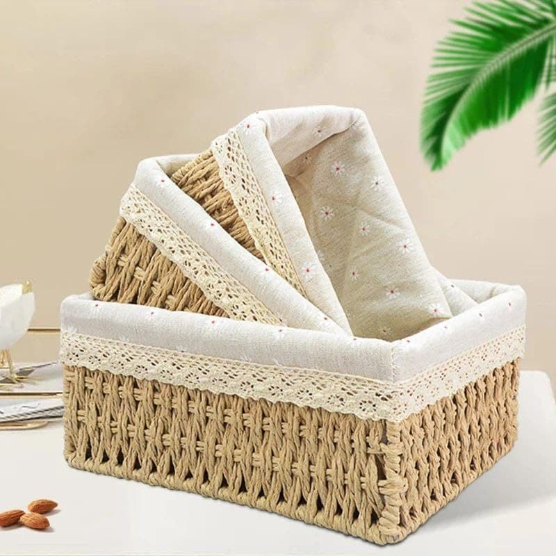 3-Piece Woven Rattan Storage Basket Set with Patterned Linen & Metal Frame