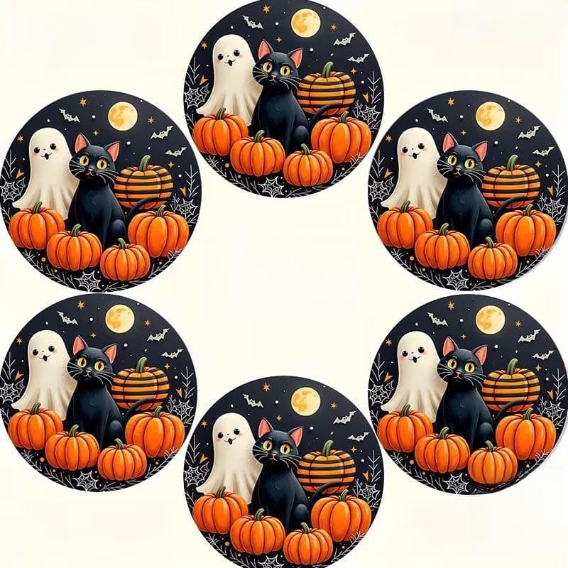 Halloween Round Coasters, Ghost & Black Cat Pumpkin Design, 6pcs | 2D Flat, Spooky Night Print, 0.2cm Thickness, Table Drink Mats, Festive Home Decor