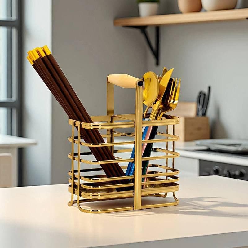 Generic Gold-Plated Metal Cutlery Holder, 2-Compartment Utensil Organiser, Square, Rust-Resistant Wooden Handle, Multi-,Purpose, .mk