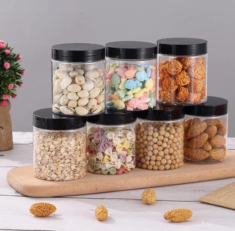 Generic Clear Round Plastic Spice Jar with Airtight Black Lid, Medium, for Sugar, Tea, Coffee, Nuts and Seasonings, .db
