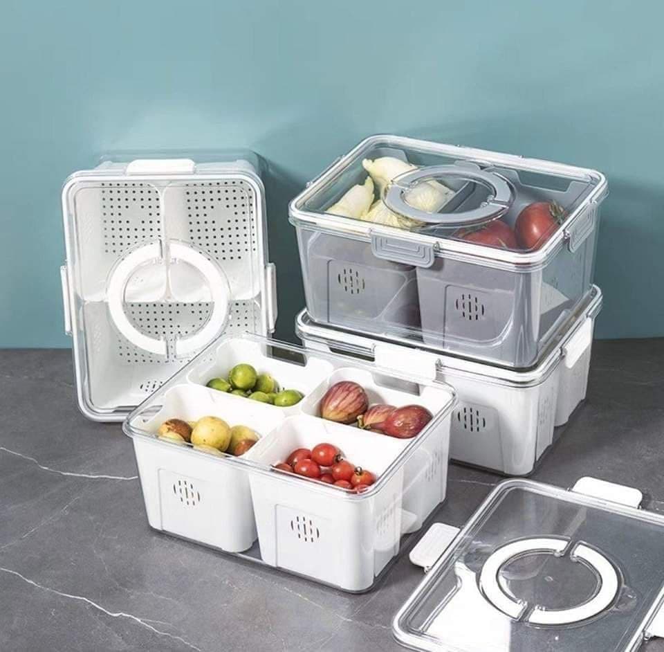 Generic Divided Refrigerator Storage Container with Clear Lid, 4 Compartments, Ventilation, for Fruit and Vegetables, .za Food storage container