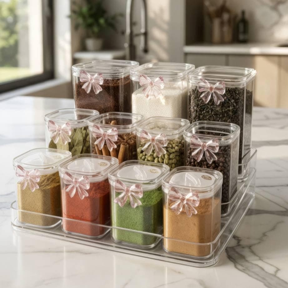 Generic Transparent Spice Jar Set, Clear, Airtight Seal, 11 Jars with 3-Tier Stand, 600ml and 300ml Sizes, .bs Food storage container