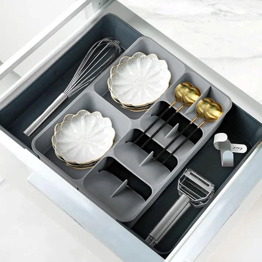 Generic Expandable Drawer Organiser, Cutlery Tray for Spoons, Forks and Knives, Grey, with Side Compartments, .db