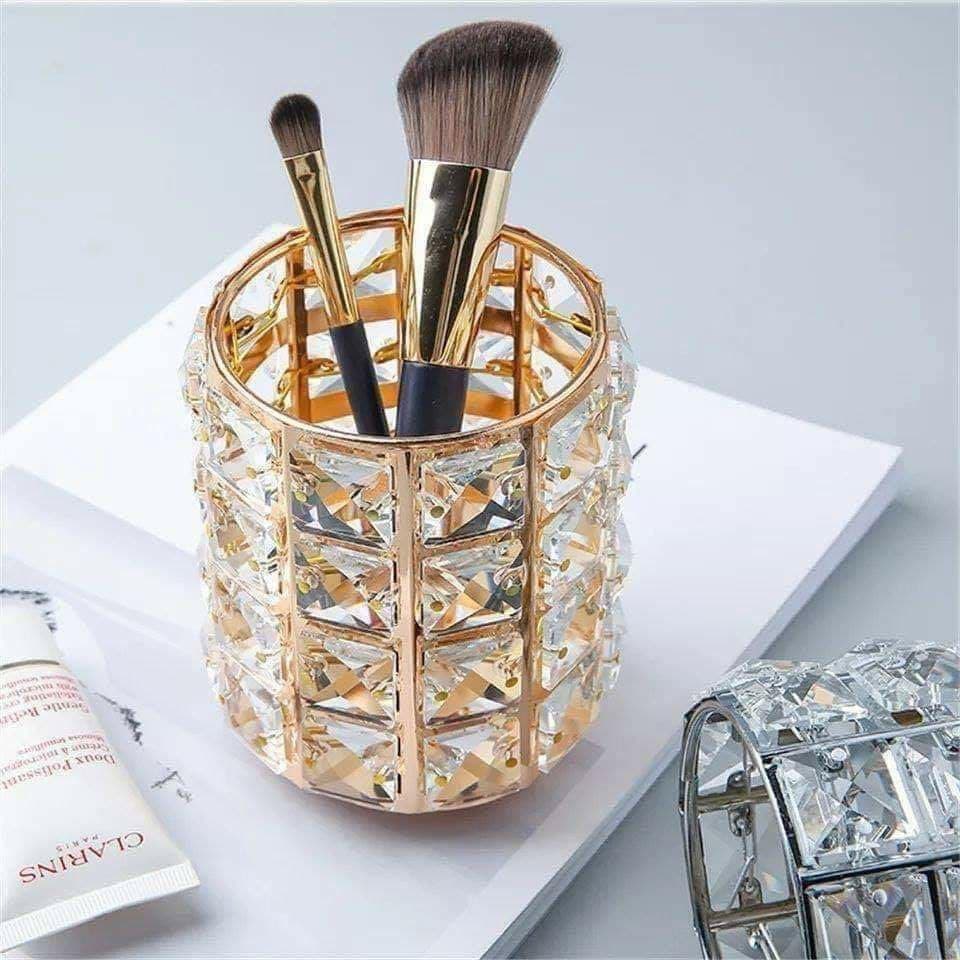 Generic Crystal Makeup Brush Organiser, Gold Metal Holder for Brushes, Glamorous Vanity Storage Cup, .kit Caddy