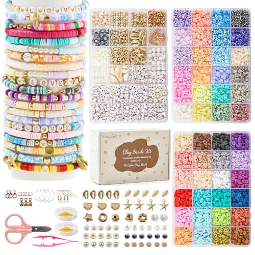 Inscraft 11000 Pieces Clay Beads Set for Bracelets, 48 Colours, Flat Round Heishi Beads, 6 mm Beads for Bracelets with Letter Beads, DIY Creative Set, Gift for Girls, Teenagers, Children 6-12 Years Art craft kit
