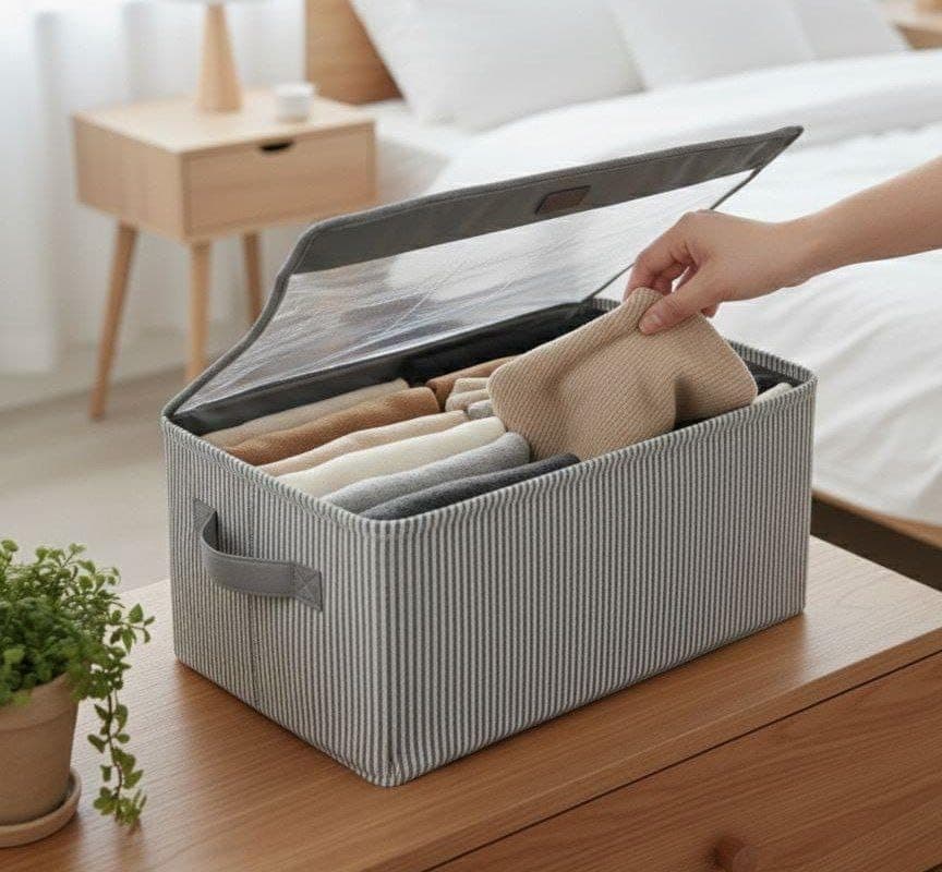 Generic Striped Clothing Storage Box Organiser with Transparent Lid, Two Handles, Foldable, for Pants, Shirts and Small Items, .db