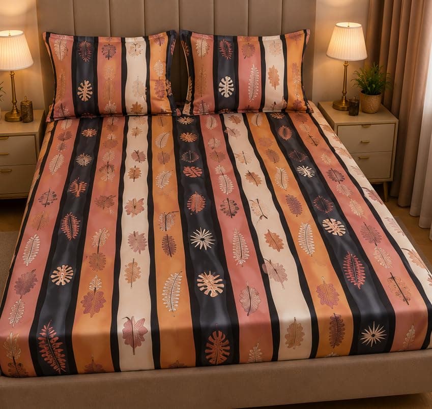 QBED Cotton Printed Fitted Bed Sheet with 2 Pillowcase, Full Elasticized, Soft and Comfortable, Multiple Models and Sizes (A 10, 180 * 200 * 30cm)