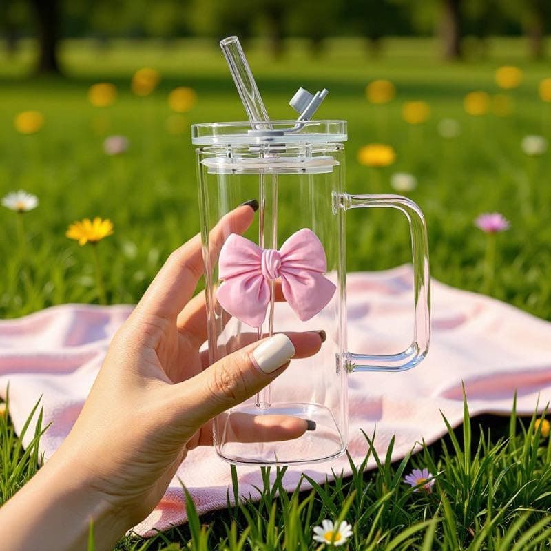 Generic Square Glass Mug with Straw, Pink Bow Design, Material, Acrylic Lid, 400ml Capacity, .hg