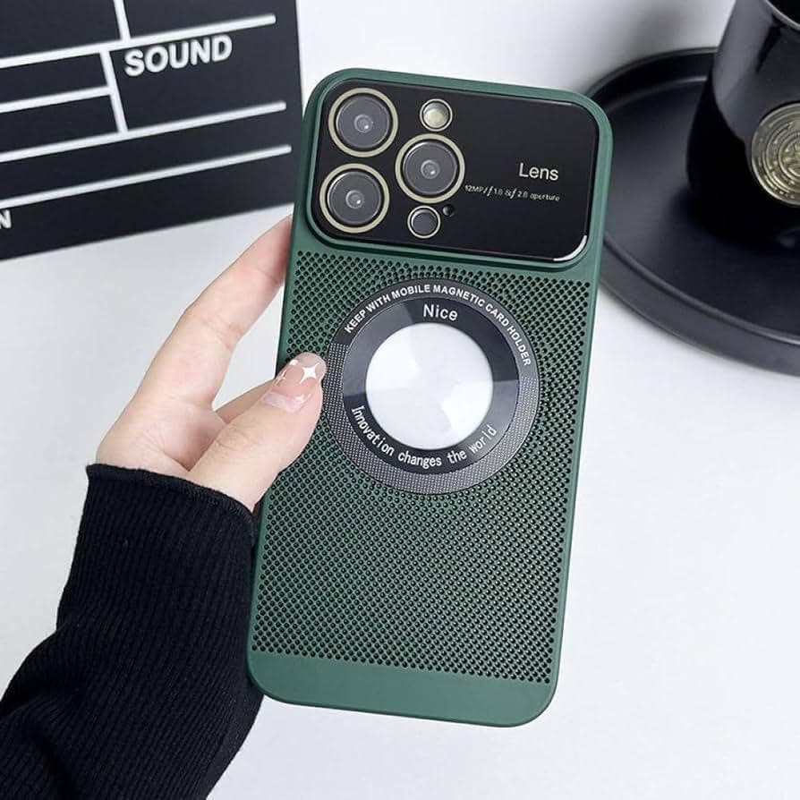 Magnifying Glass Breathable Mobile Phone Case Spray Large Window Mobile Phone Cover with Wireless charging (Green, Iphone 14 Pro Max) Cellular phone case