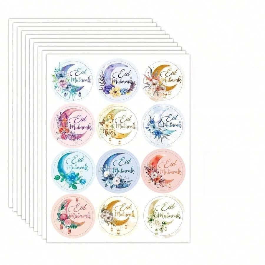 Eid Mubarak Circle Stickers, 120 Labels on 10 Sheets, Floral Design with Crescent and Lanterns, Multicolor Sticker decal