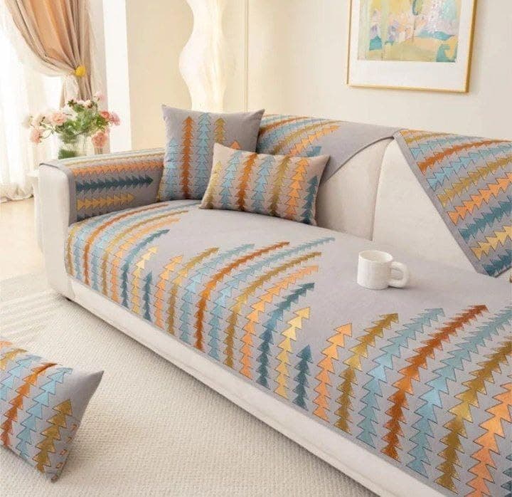 Generic Sofa Cover Set, 10-Piece with Backrest Covers, Multi-Colour Striped Pattern, Large 190x70cm, Medium 140x70cm, 2 Chairs 70x70cm (grey) .flo Furniture cover