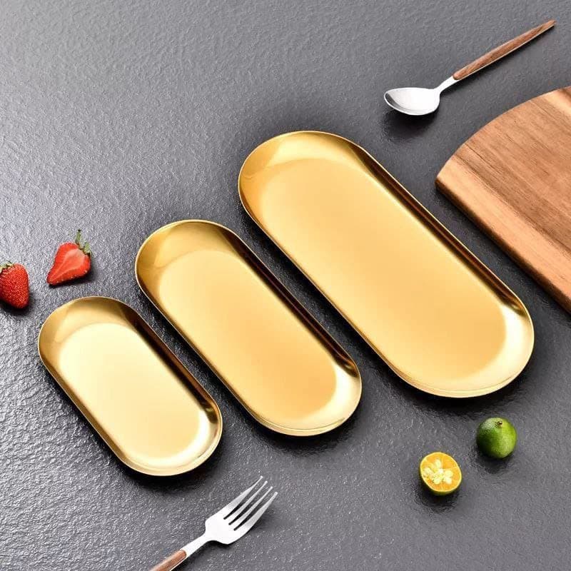 Generic Gold Stainless Steel Oval Serving Tray Set for Snacks and Desserts, 3 Pieces, Multiple Sizes, .ar