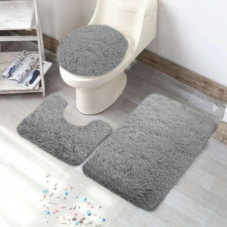 Generic 3-Piece Shag Bathroom Mat Set, Non-Slip Backing, Grey