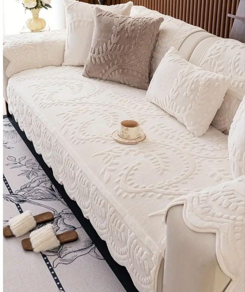 Generic Velvet Jacquard Faux Fur Sofa Set, Imported Material, Large Sofa 195cm x 90cm, 3 Large Cushion Covers 48cm x 65cm, set of 4 (off white) .sr Furniture cover