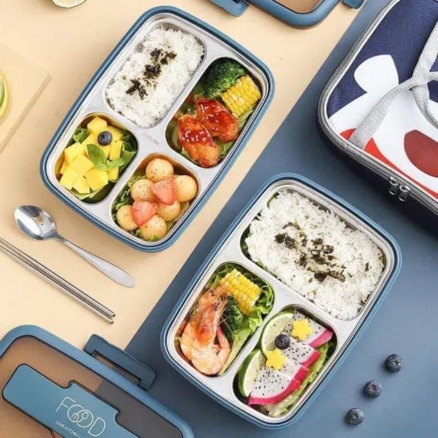Generic Stainless steel lunchbox with 4 compartments 304 stainless steel, rust-resistant, Comes with a stainless steel spoon and chopsticks with designated compartments, .db